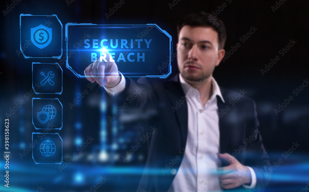 Business, Technology, Internet and network concept. Young businessman working on a virtual screen of the future and sees the inscription: Security breach Business, Technology, Internet and network concept. Young businessman working on a virtual screen of the future and sees the inscription: Security breach