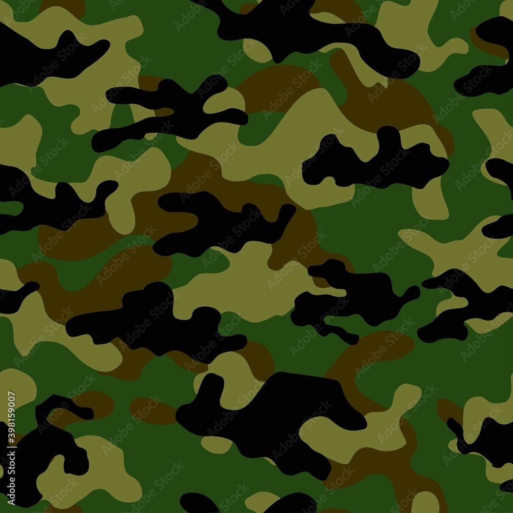 Camouflage pattern background vector. Classic clothing style masking camo repeat print. Virtual background for online conferences, online transmissions. Green brown black olive colors forest texture Camouflage pattern background vector. Classic clothing style masking camo repeat print. Virtual background for online conferences, online transmissions. Green brown black olive colors forest texture