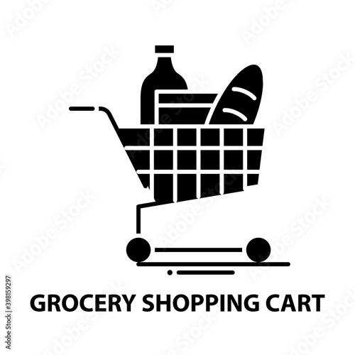 grocery shopping cart icon, black vector sign with editable strokes, concept illustration