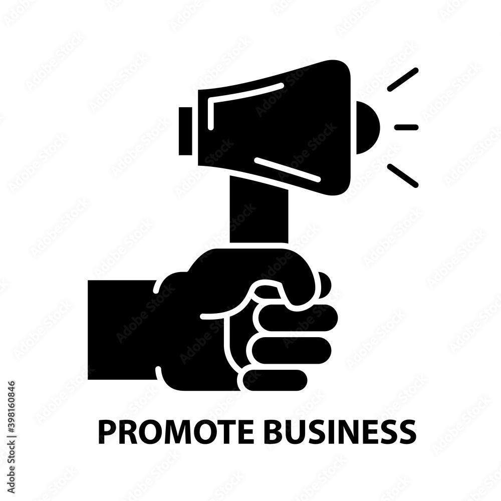 promote business icon, black vector sign with editable strokes, concept illustration promote business icon, black vector sign with editable strokes, concept illustration