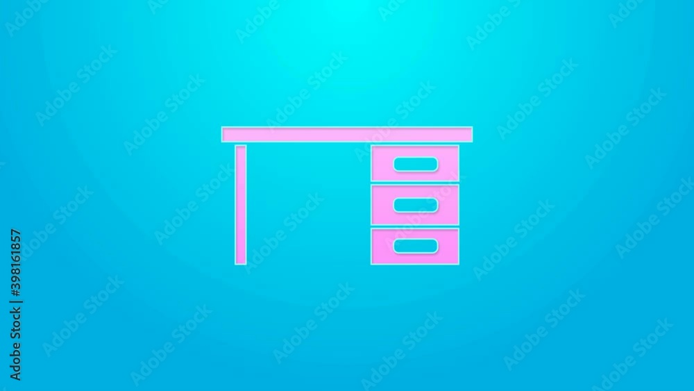 Pink line Office desk icon isolated on blue background. 4K Video motion graphic animation Pink line Office desk icon isolated on blue background. 4K Video motion graphic animation