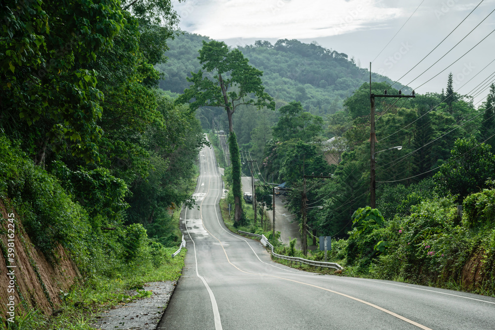 Fototapeta premium Beautiful green road in countryside, Landscape road with green forest, Main road on the mountain