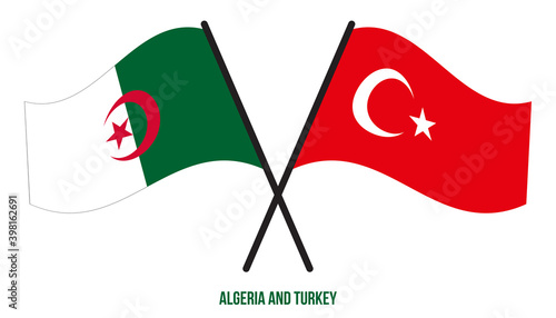 Algeria and Turkey Flags Crossed And Waving Flat Style. Official Proportion. Correct Colors.