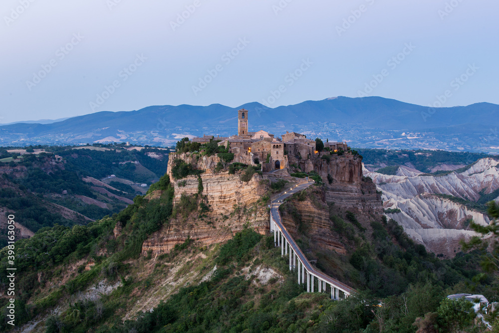Aerial photography of the ancient city of Civita di Bagnoregio at dusk, Viterbo, Italy