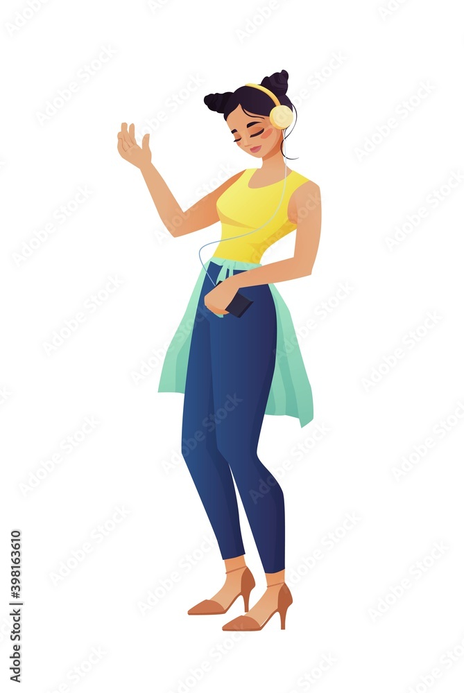 Young woman listening to music in headphones and dancing, enjoying. Cartoon vector illustration.	
