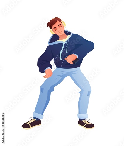 Young man listening to music in headphones and dancing, enjoying. Cartoon vector illustration.