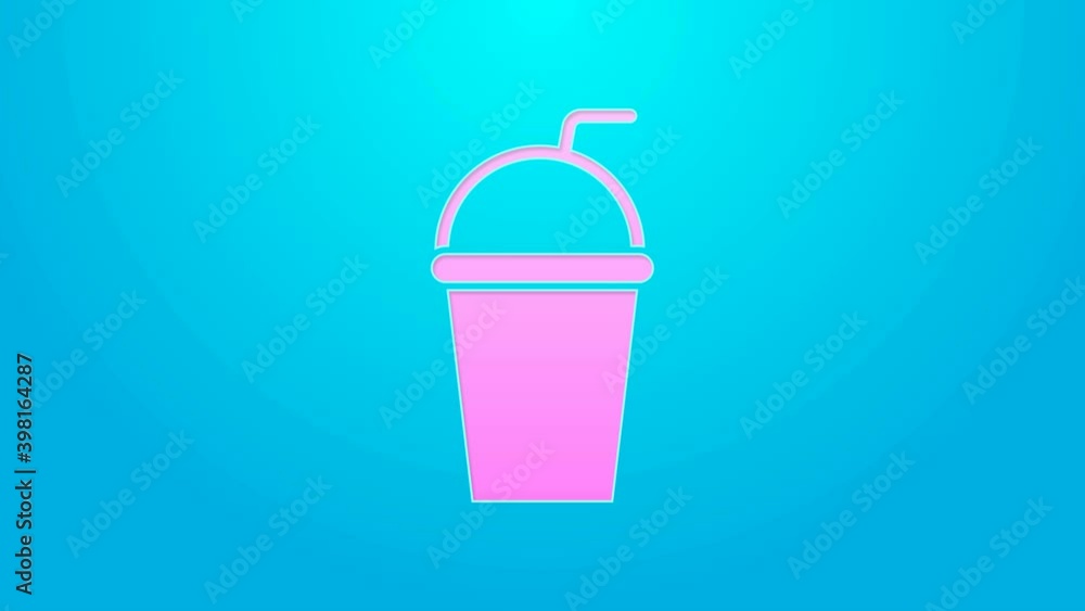 Pink line Paper glass with drinking straw and water icon isolated on blue background. Soda drink glass. Fresh cold beverage symbol. 4K Video motion graphic animation Pink line Paper glass with drinking straw and water icon isolated on blue background. Soda drink glass. Fresh cold beverage symbol. 4K Video motion graphic animation