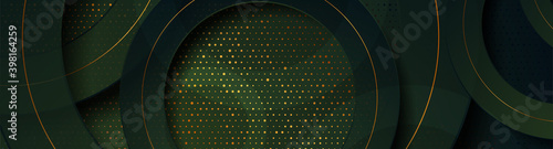 Shiny geometric abstract dark green background with circles and golden dots. Vector banner design
