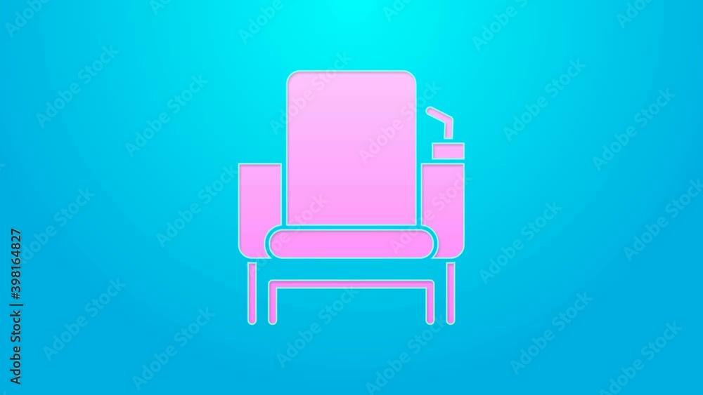 Pink line Cinema chair icon isolated on blue background. 4K Video motion graphic animation Pink line Cinema chair icon isolated on blue background. 4K Video motion graphic animation