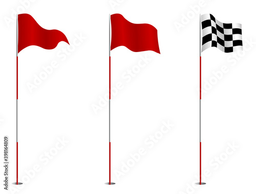 triangular red and finishing golf flag on pole. Golf hole on course marked with red flag. Active lifestyle. Vector isolated on white background photo