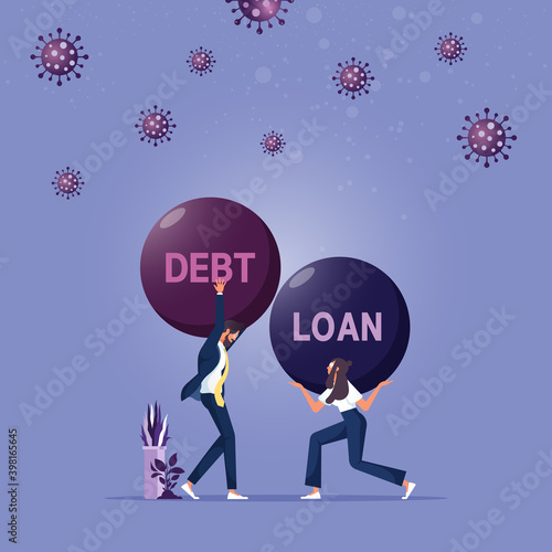 Financial Crisis Effect from Coronavirus Concept, Business company Carry Iron pendulum Debt, Loan and Financial. Surrounded by Virus, Business People Worry about The Coronavirus 2019