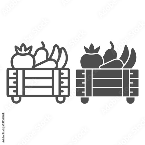 Box with vegetables line and solid icon, farm garden concept, farm products sign on white background, Fresh vegetables in box icon in outline style for mobile concept and web design. Vector graphics.