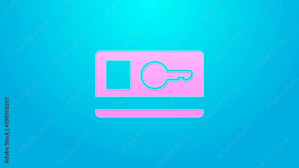 Pink line Key card icon isolated on blue background. 4K Video motion graphic animation Pink line Key card icon isolated on blue background. 4K Video motion graphic animation