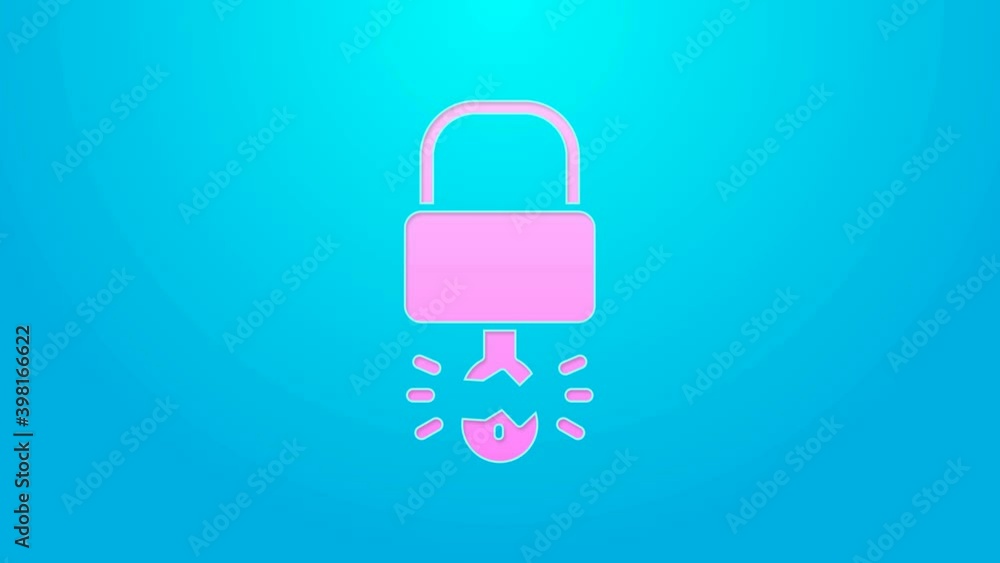 Pink line Key broke inside of padlock icon isolated on blue background. Padlock sign. Security, safety, protection, privacy concept. 4K Video motion graphic animation Pink line Key broke inside of padlock icon isolated on blue background. Padlock sign. Security, safety, protection, privacy concept. 4K Video motion graphic animation