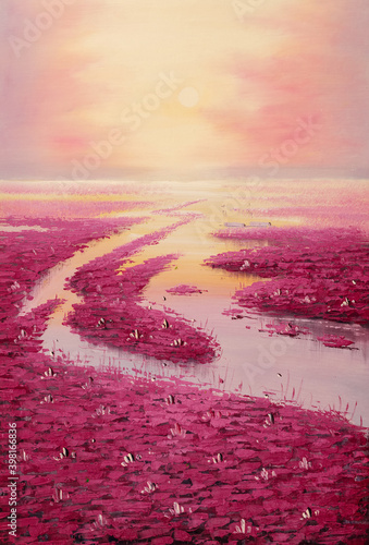Oil painting decorative landscape. River at sunset with pink lotuses