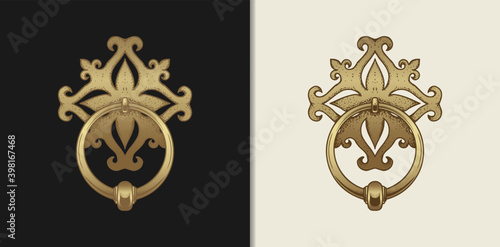 Door knocker or door handle. Vector gold vintage engraving illustration on a dark and bright background. For web, posters, infographics, tattoos, tarot cards.