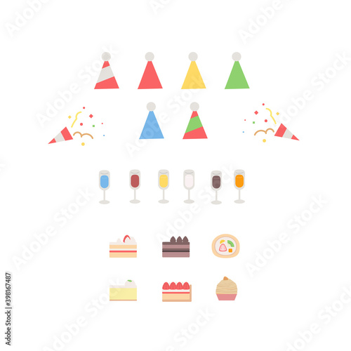 パーティーイベントにかかせない飲み物やケーキイラストセット素材
