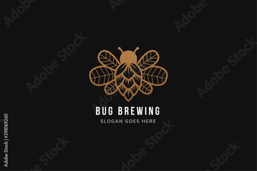 bug brewery logo template design use brown color in black background. combination of bug, hop beer and leaves on wing. 