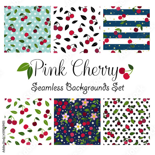 Pink cherry seamless patterns collection, polka dot, outline, flowers stripes, pink cherry set.