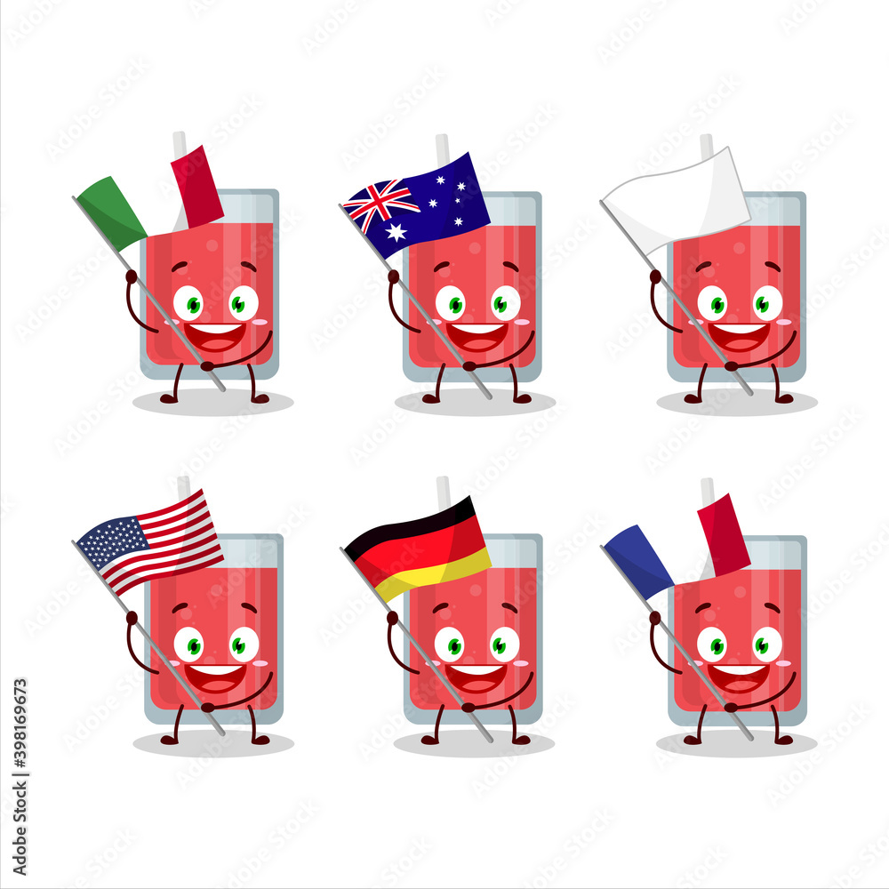 Watermelon Juice cartoon character bring the flags of various countries