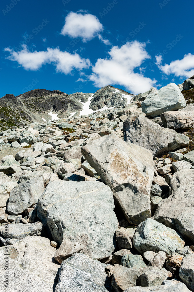 Large rocks along a hiking trail at Blackcomb Mountain, British Columbia
