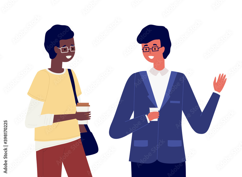 Young male characters are talking together. Positive communication of happy friends. People have a conversation. Men in glasses isolated on white background. Guys are drinking coffee and walking Young male characters are talking together. Positive communication of happy friends. People have a conversation. Men in glasses isolated on white background. Guys are drinking coffee and walking