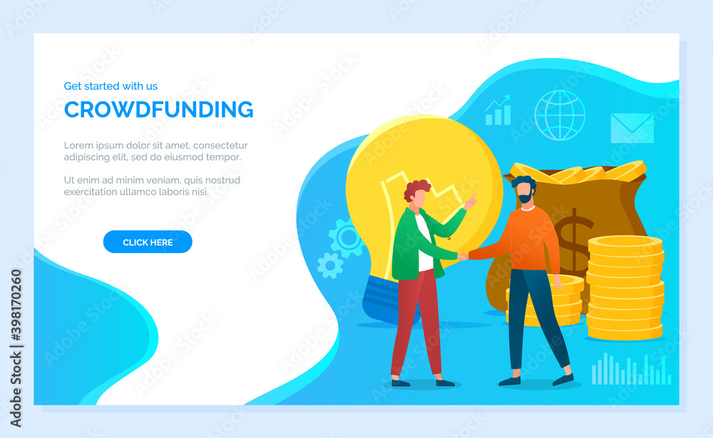 Crowdfunding landing page template. People invest their money to business for future profit. Fundraising for the project using the internet. Two businessman shake hands, light bulb and bag of money