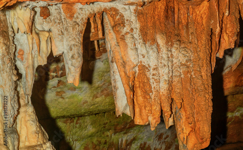 Detail of cave wall, stalactites and stalagmites. Oylat Cave, Bursa, Turkey photo