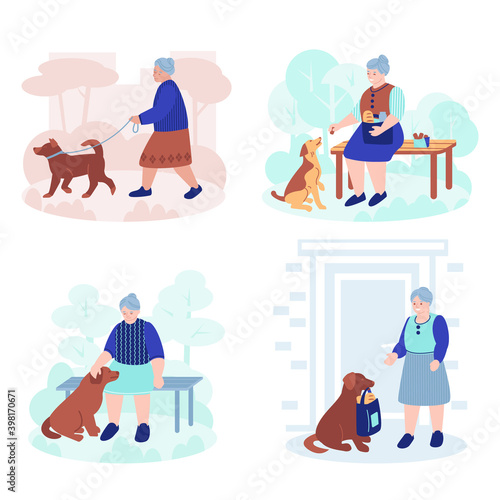 Elderly woman with a companion dog. Set of vector illustrations in flat style. Isolated on a white background.