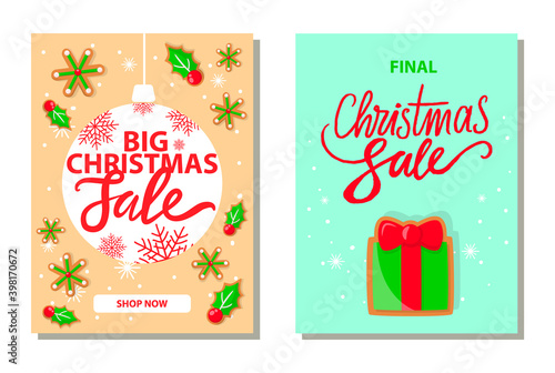 Big Christmas sale special proposition offers vector. Reduction of prices, present shape of gingerbread cookie, mistletoe leaves and berries plant