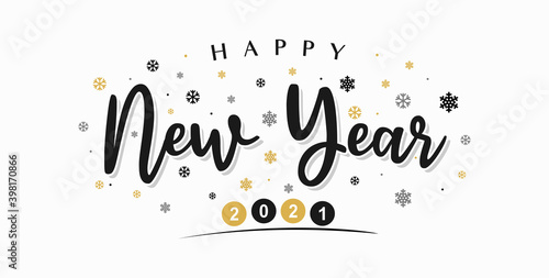 Happy New Year 2021 Lettering Calligraphy with Black Text Color, isolated on White Background. Vector Graphic Illustration for Greeting Cards, Web, Presentation.