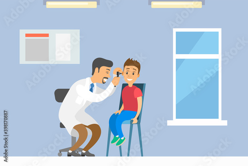 Otolaryngologist with young patient in the hospital. Medical treatment and healthcare concept vector Illustration. Doctor examines the ear with special device. ENT and boy for consultation at clinic