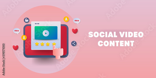 Streaming video content in tablet. Video marketing on social media, online video advertising, video campaign, communication, vlog message, quality video rating. 3d style illustration.