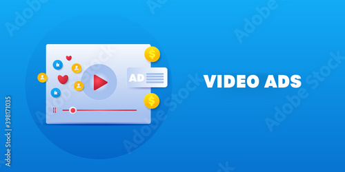 Video ads, advertising video content on internet, video monetization, video marketing, 3d style web banner concept. 