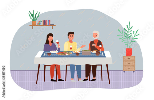 People eating traditional georgian food. Characters are having dinner together in their apartment. Table with khinkali and adjarian khachapuri. Arrangement of furniture. Dining room interior design