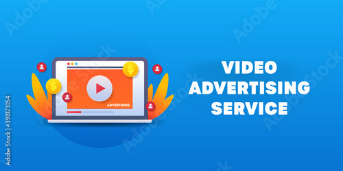 3d style Concept of Video advertising service. Web banner illustration, marketing and information technology.