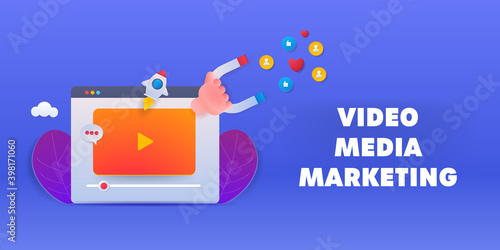 Attract audience with inbound video marketing strategy. Social media video content marketing and getting customer engagement, 3d style vector banner illustration.