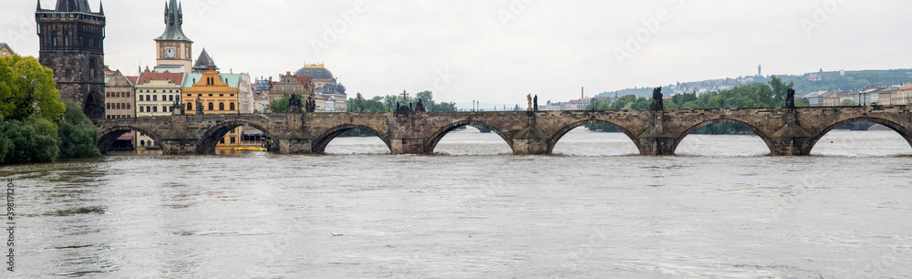 View of the Vltava River and Charles Bridge during the 2013 floods in Prague