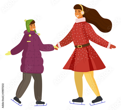 Mother and daughter playing ice skating on rink outdoor in the winter season isolated on white. Happy smiling people holding hands, enjoy the snowfall, spend time together on active weekend