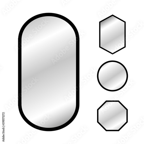 Modern mirrors set. Oval and square mirrors with black frame. Home or bathroom decor. Realistic vector illustration in country style.