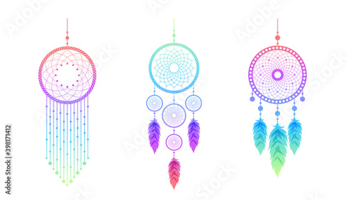 Dream catcher with mandala and feathers. Set of hand drawn indian talisman. Ethnic bohemian design element. Vector hipster illustration isolated on white background. Flat boho style.