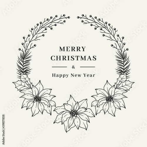 Christmas floral wreath, Elegant Christmas frame with Poinsettia flowers. Hand drawn botanical vector illustration
