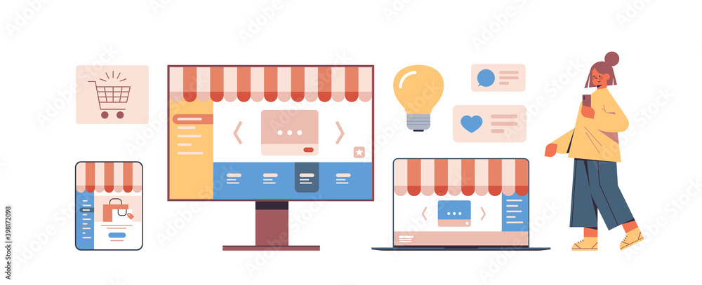 woman using smartphone online shopping web application internet business e-commerce digital marketing concept set devices screens horizontal full length vector illustration