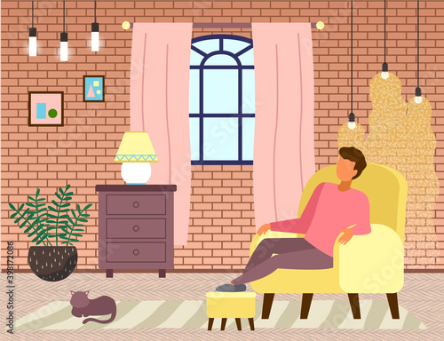 Man sitting in yellow armchair relaxing, put his feet on a special soft padded stool stand, comfort home pastime vector illustration. Repose at home in the evening after a hard day lying in a chair