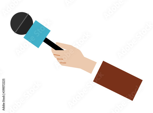 Hand holding a microphone vector illustration. Correspondent interviews with special equipment. Man holds a device for recording a human voice. Journalist hold microphone isolated on white background