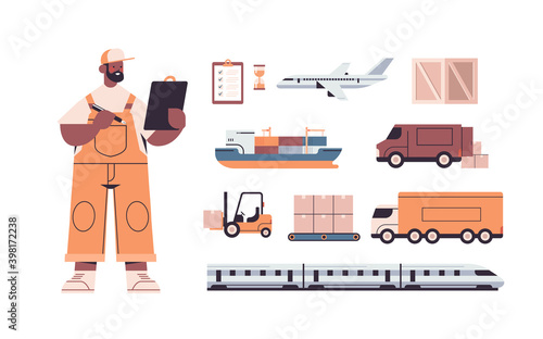 logistic transportation set of different transport and deliveryman in uniform express delivery service concept horizontal isolated vector illustration