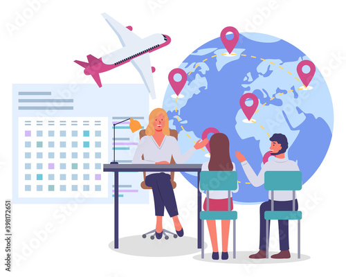 Travel agency vector illustration of a woman sitting at the table in the office and people customers travelers. Man and woman couple are planning a trip communicate with the manager choose a tour