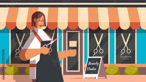 hairdresser in uniform holding scissors beauty salon building facade beauty studio exterior horizontal portrait vector illustration