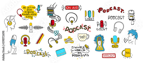 Sound podcasting equipment, media tools, broadcasting facilities. Hand drawn color microphone, headphone, cup, lettering, character, quote
