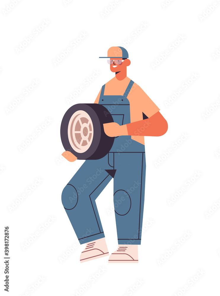 mechanic in uniform repairing tire man working and fixing wheel car service automobile repair and check up concept vertical full length vector illustration mechanic in uniform repairing tire man working and fixing wheel car service automobile repair and check up concept vertical full length vector illustration
